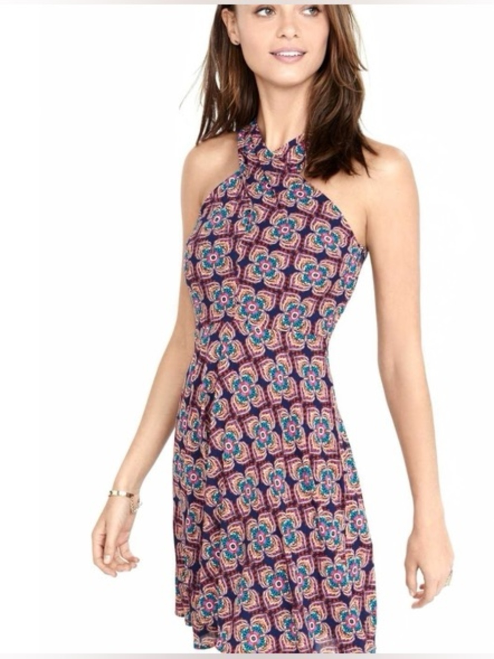 Express Floral Geometric Halter Mini Dress in Burgundy and Teal